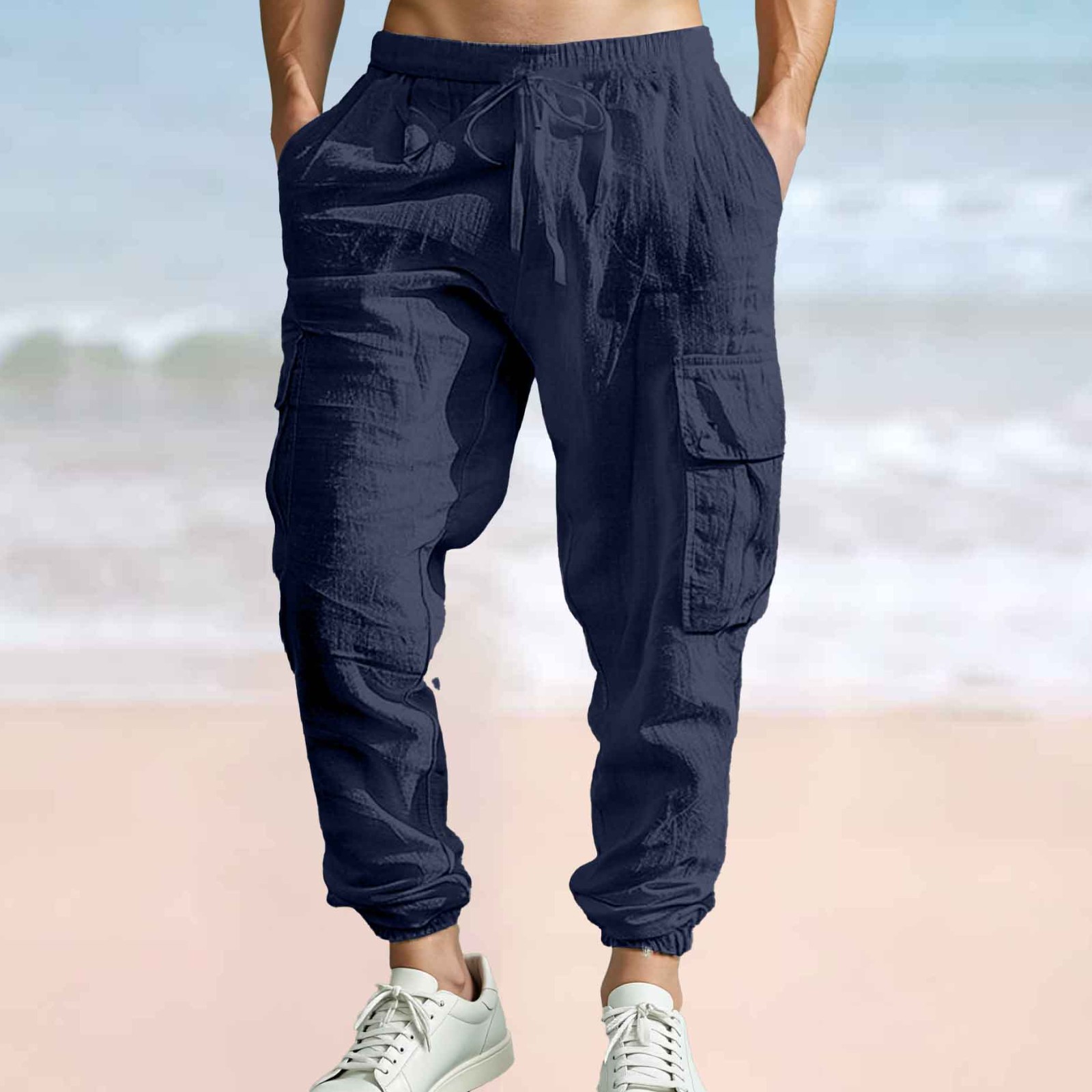 thumbnail image 2 of Pantalones casuales de lino para hombre: múltiples bolsillos y lazos, para primavera/verano/otoño, versátiles con camisetas, lavables a máquina, tallas S-XXXL., 2 of 8